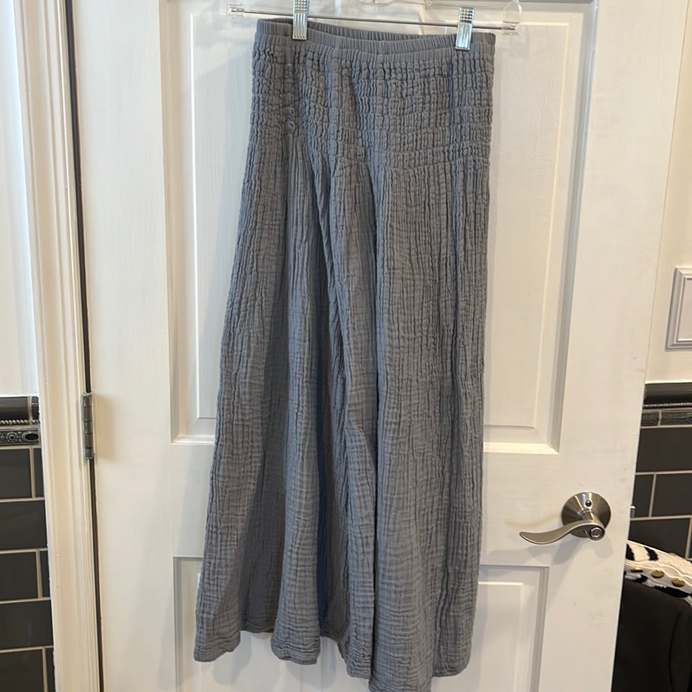 Grayish blue cotton soft stretch super wide flare leg pants.